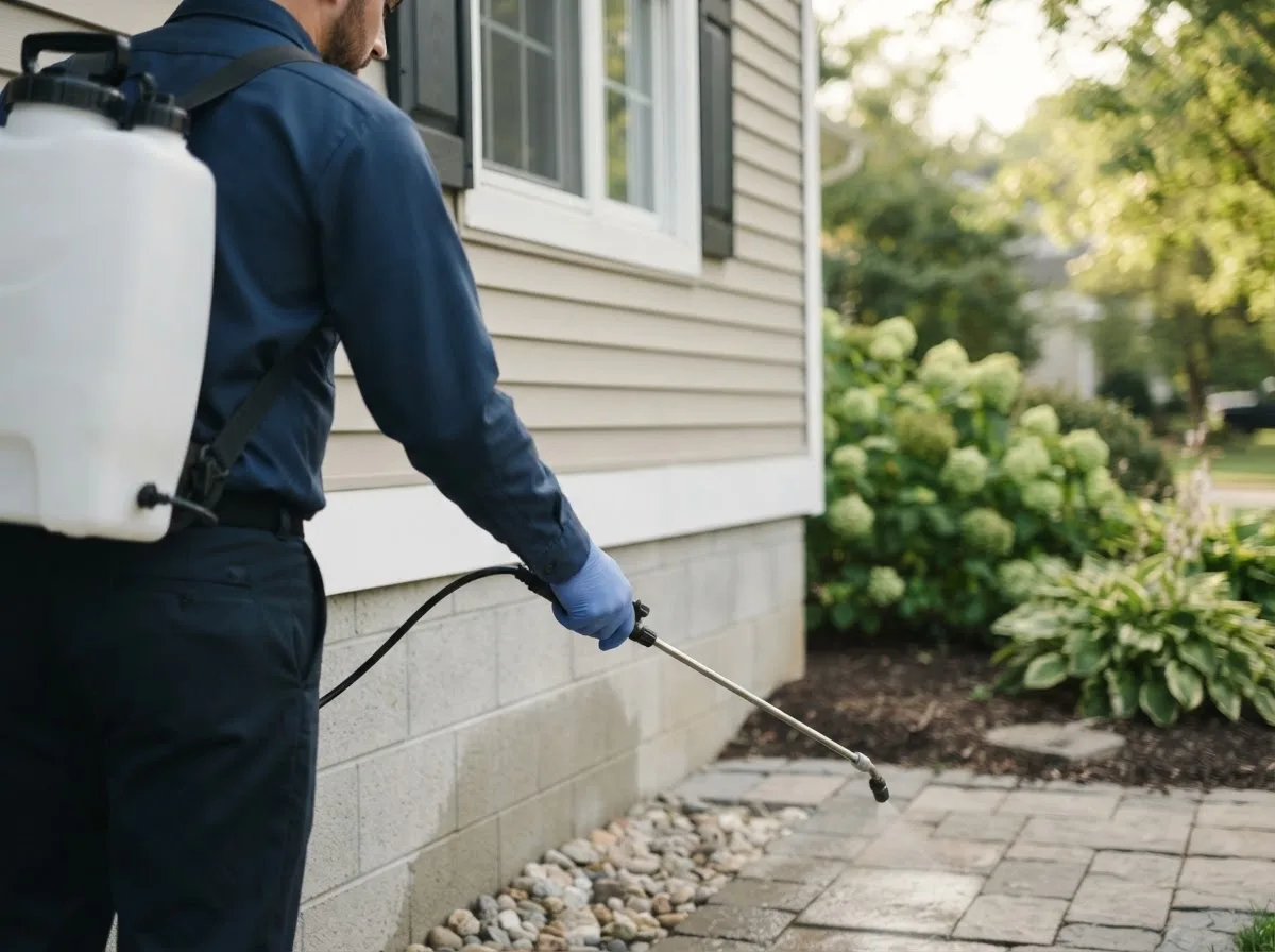 Pest control technician inspecting a home in Lisco, NE